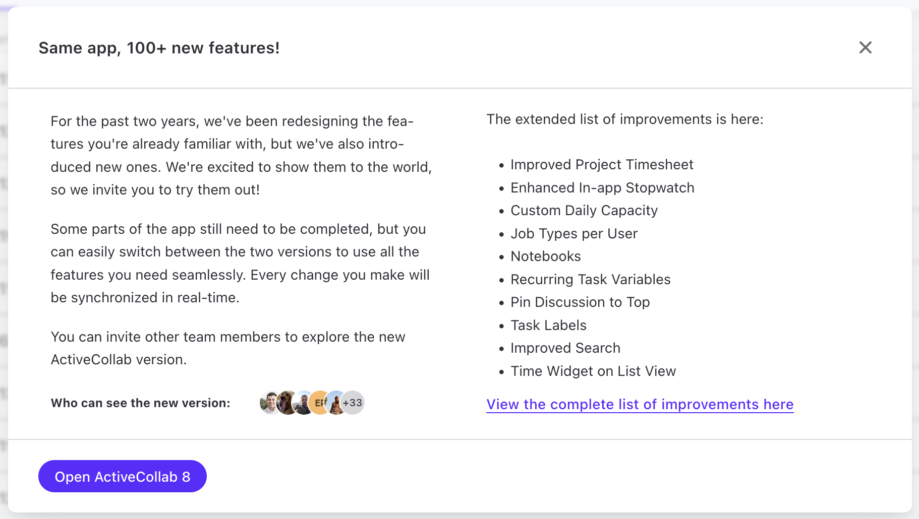 ActiveCollab prozor sa naslovom &bdquo;Same app, 100+ new features!&rdquo;, opisom pobolj&scaron;anja, listom novih funkcija i dugmetom &bdquo;Open ActiveCollab 8&rdquo;.