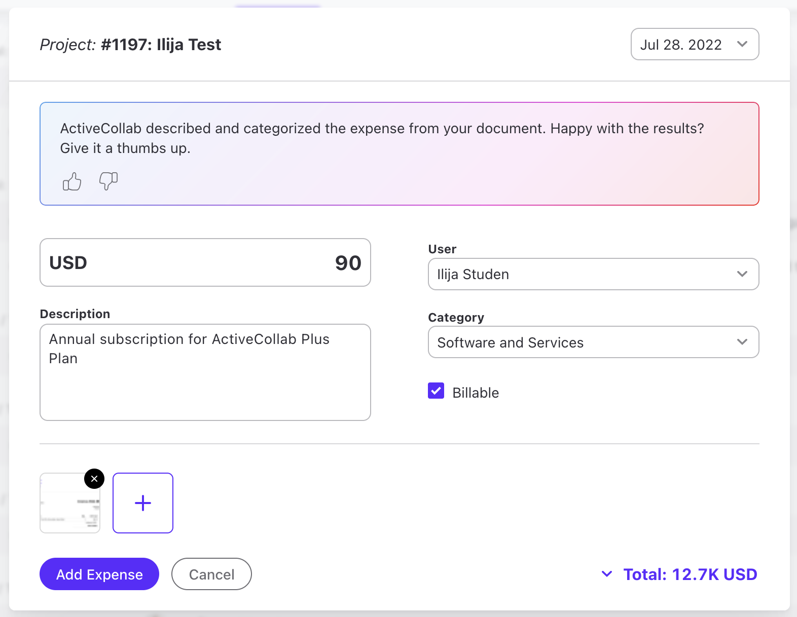 ActiveCollab obrazac tro&scaron;ka od 90 USD u kome je pomoćnik iz dokumenta popunio opis godi&scaron;nje pretplate i kategoriju &bdquo;Software and Services&rdquo;.