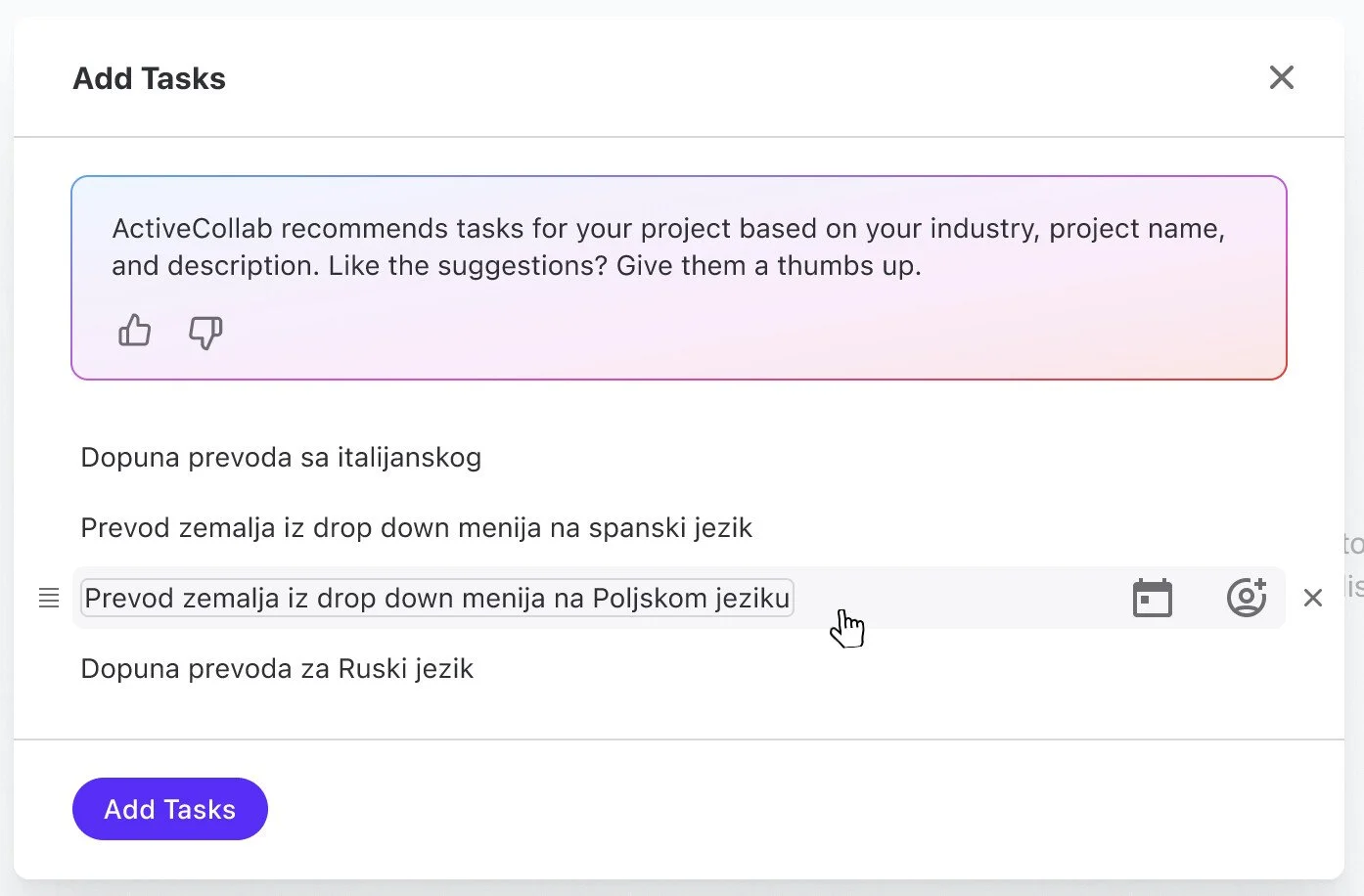 ActiveCollab dijalog &bdquo;Add Tasks&rdquo; sa predloženim zadacima za prevode; jedan zadatak je aktivan za izmenu, a pri dnu je ljubičasto dugme.