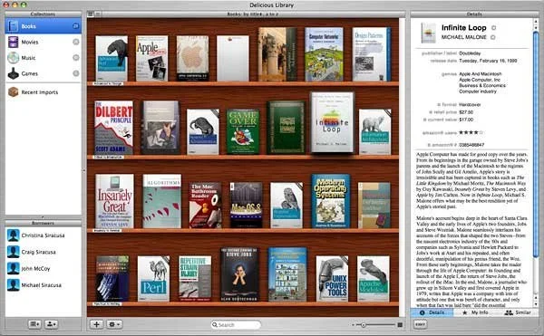 Snimak aplikacije Delicious Library sa virtuelnim drvenim policama punim korica knjiga, bočnim menijem i detaljima izabrane knjige.