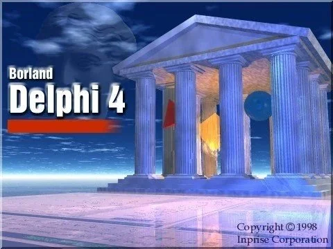Početni ekran programa Borland Delphi 4 sa klasičnim stubovima i obojenim geometrijskim oblicima.