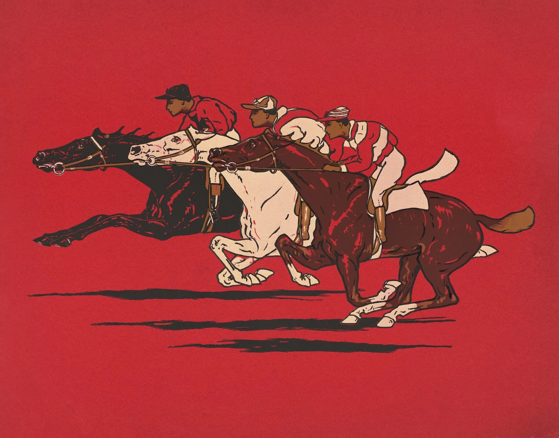 Ilustracija tri džokeja na konjima koji se uporedo trkaju na crvenoj pozadini.