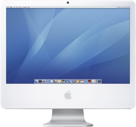 Beli Apple iMac sa prikazanim plavim Mac OS X radnim okruženjem.