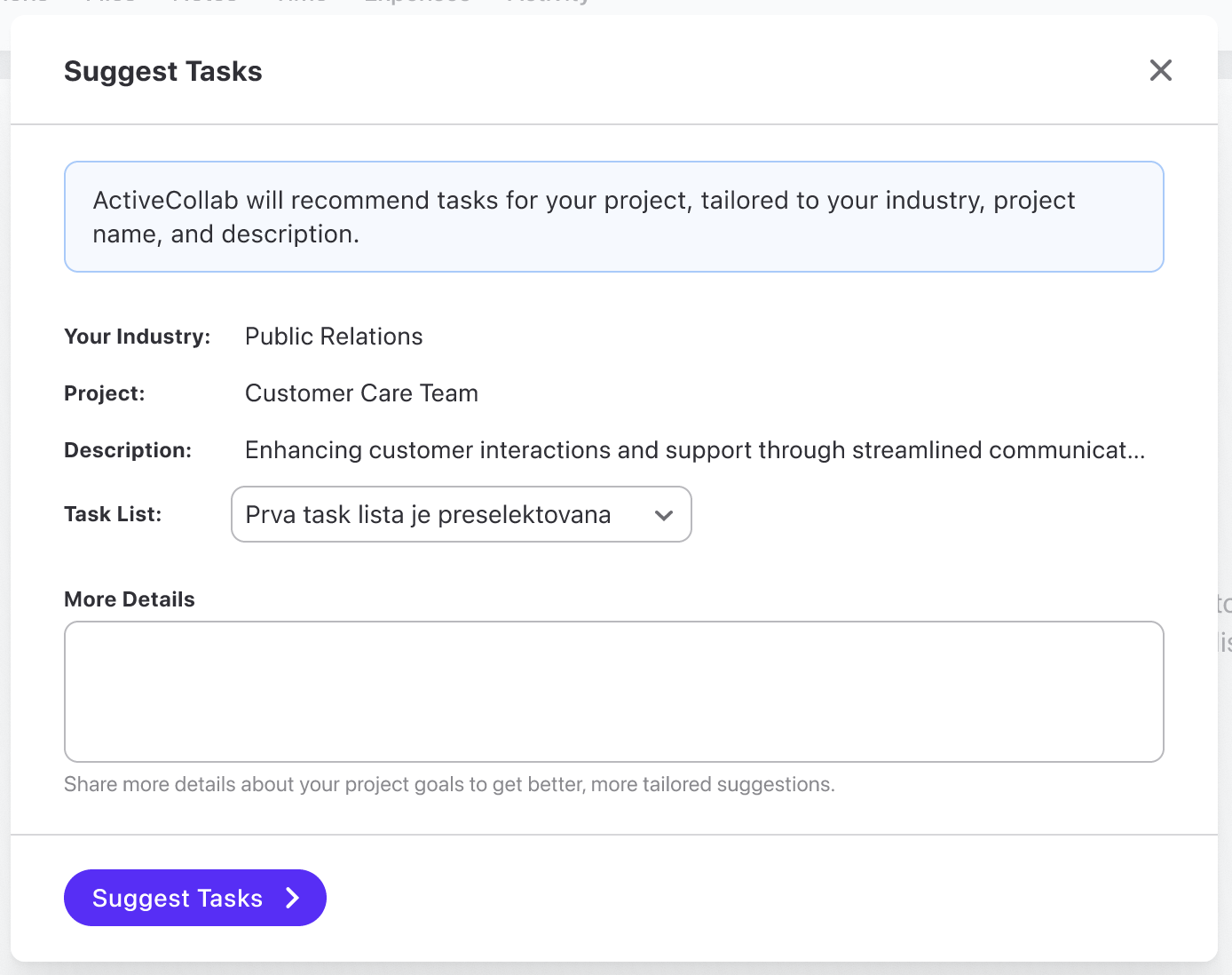 Snimak ekrana prozora &bdquo;Suggest Tasks&rdquo; u aplikaciji ActiveCollab sa poljima za industriju, projekat, opis i listu zadataka.