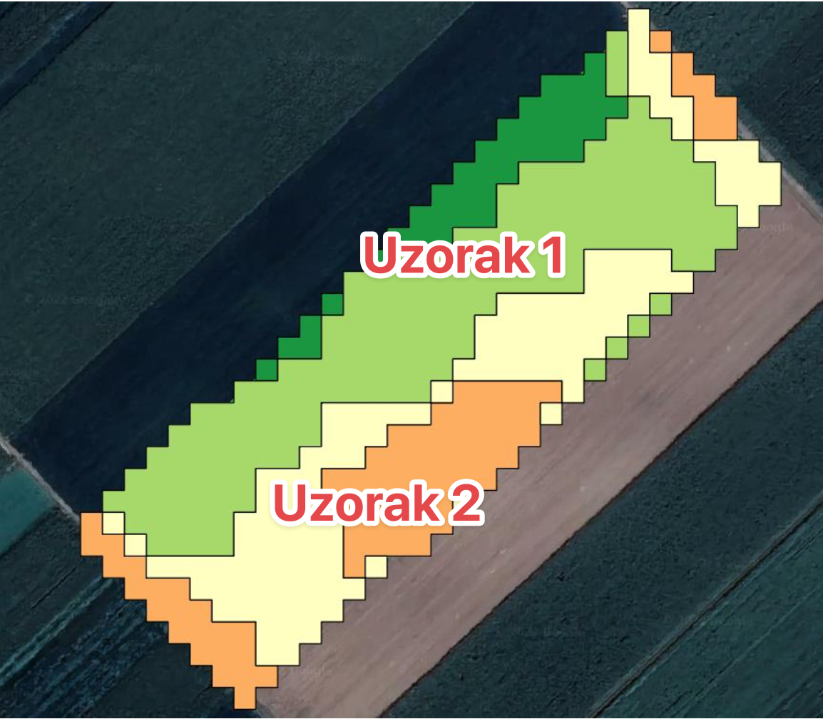 Satelitski snimak parcele sa pikselizovanom mapom zelenih, žutih i narandžastih zona i oznakama &bdquo;Uzorak 1&rdquo; i &bdquo;Uzorak 2&rdquo;.