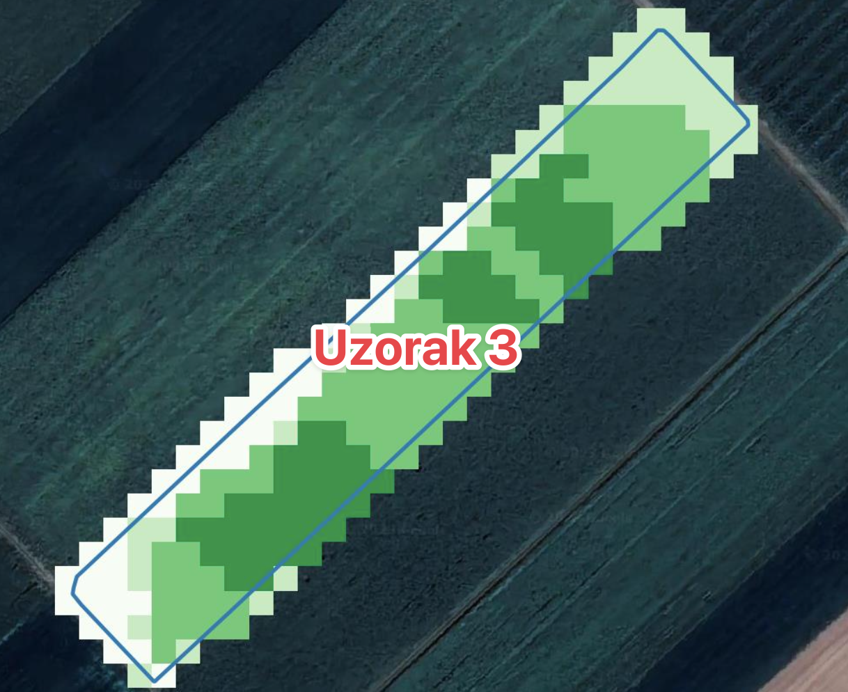 Pikselizovana karta poljoprivredne parcele sa plavim obrisom i oznakom &bdquo;Uzorak 3&rdquo;.